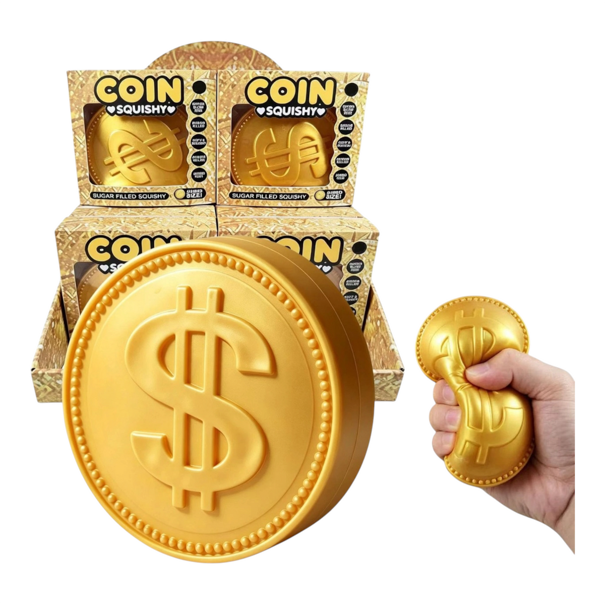 Heavy dough jumbo gold coin squishy being squeezed for ASMR sensory relief